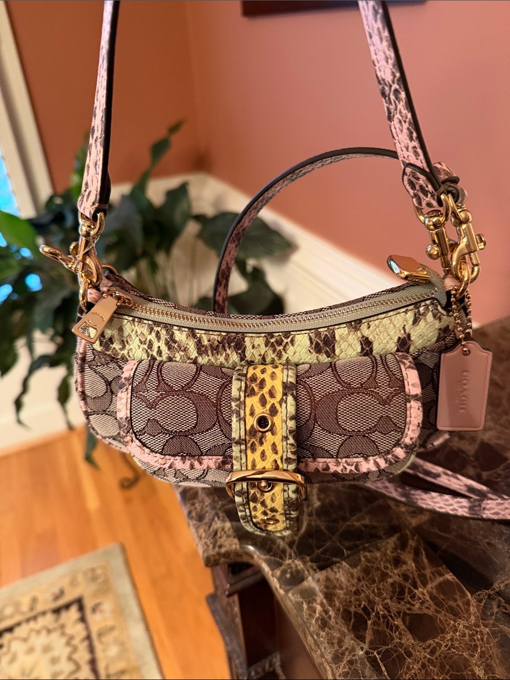 Coach NWT Ashton Mini Crescent Shoulder Bag in Pink, Cream & Yellow Snake-Print - Picture 5 of 16